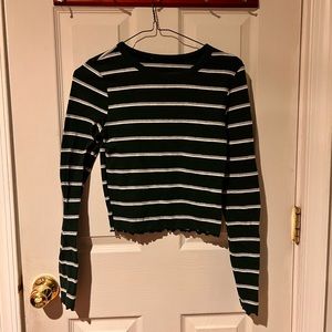Green long sleeve with white and gray stripes, fitted, small forever 21